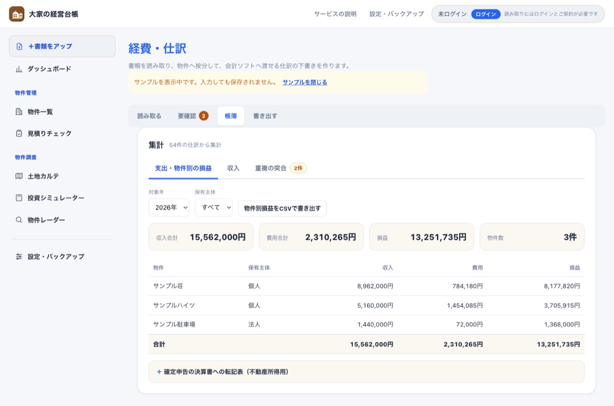 帳簿タブ。収入合計・費用合計・損益・物件数が並び、その下に物件別の表がある