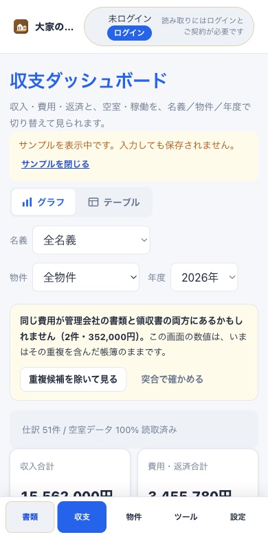 スマホで開いた収支ダッシュボード。画面の下に書類・収支・物件・ツール・設定のナビがある